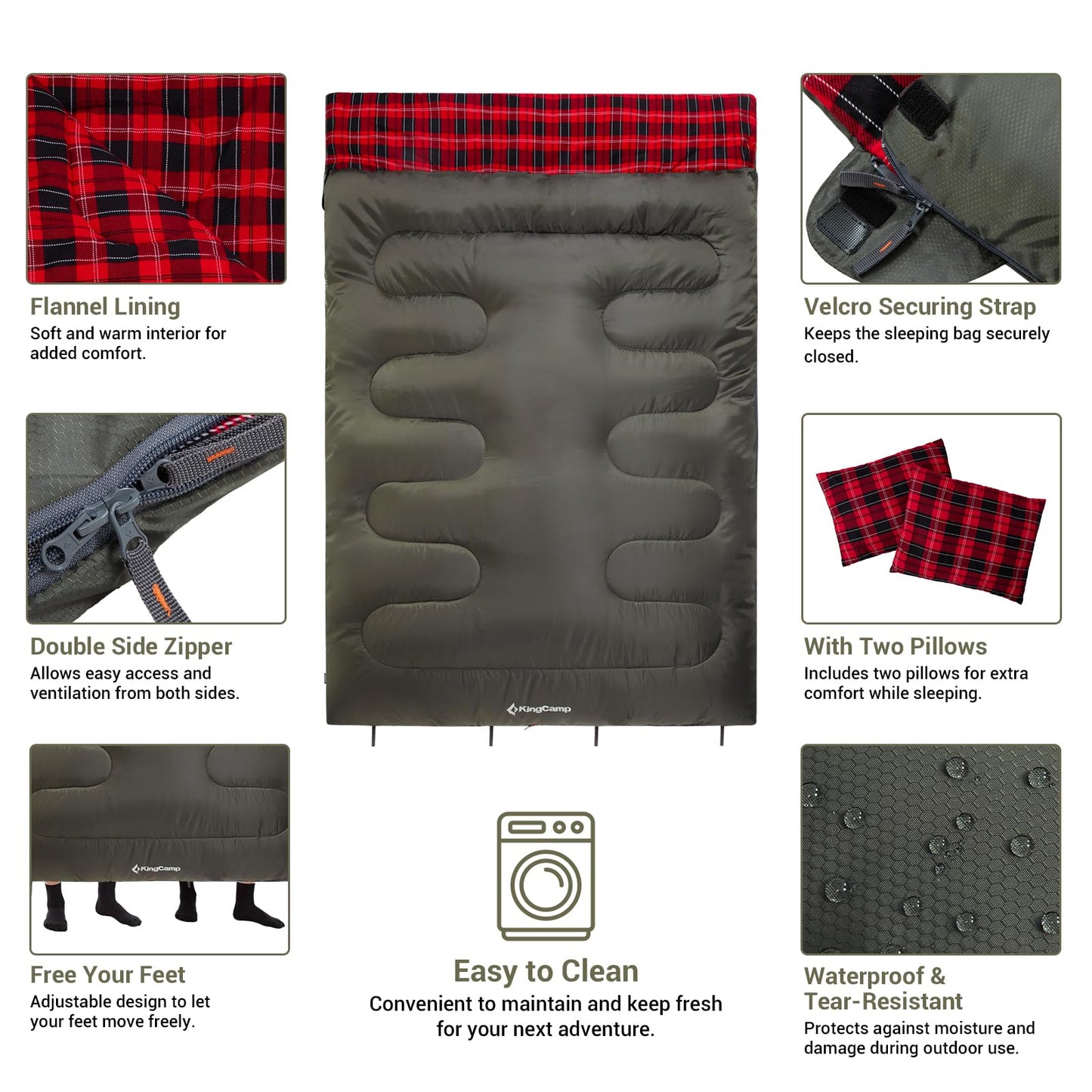 KingCamp Double Sleeping Bag for Adults, Queen Size 2 Person XXL Flannel Sleeping Bag, Waterproof Lightweight Flannel Quilt with 2 Pillows, Perfect for Couples Family Camping Hiking, Green