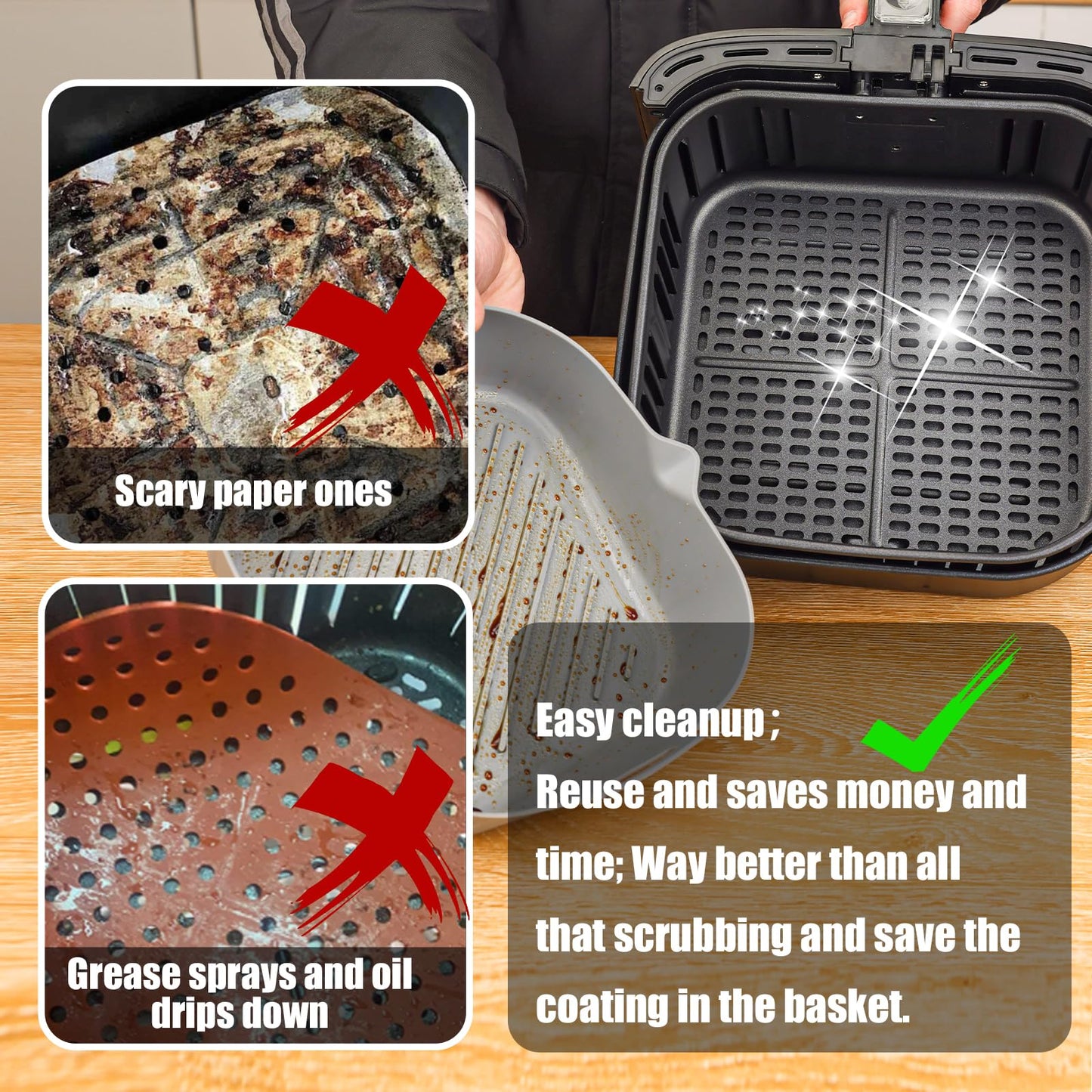 Silicone Liners Square for Air Fryer, 2 Pcs Non-stick Food-grade Reusable Basket Silicone Pot Baking Tray Airfryer Accessories, Top Size 8 inches, Bottom Size 7 inches