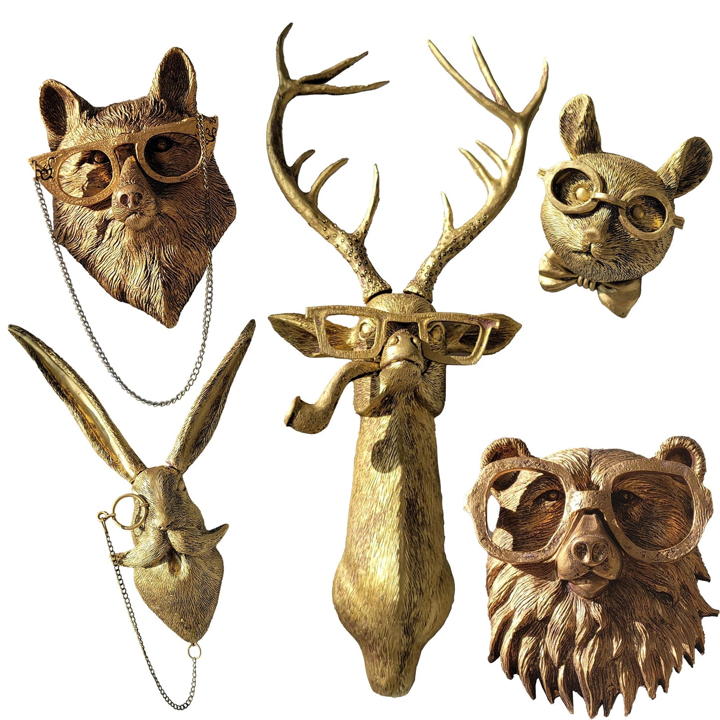 Artocery Brass Animal Head Wall Decor Gold Animal Heads Shaped Wall Hanging for Living Room Bath Room Kitchen Gardening Pub and Bar Decor for Wall Gift Ideas for Woman for Man (5pcs-brass)