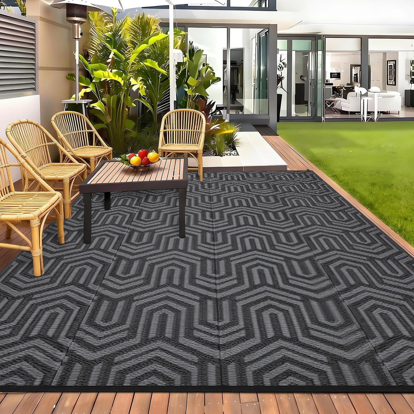 GAOMON 10'x14' Outdoor Rug Waterproof, Reversible Plastic Straw Rug for Poolside, Gazebo, Outdoor Dining Area, Backyard Party – UV Resistant, Heavy Duty, Easy Clean for High Traffic Areas, Black&Grey