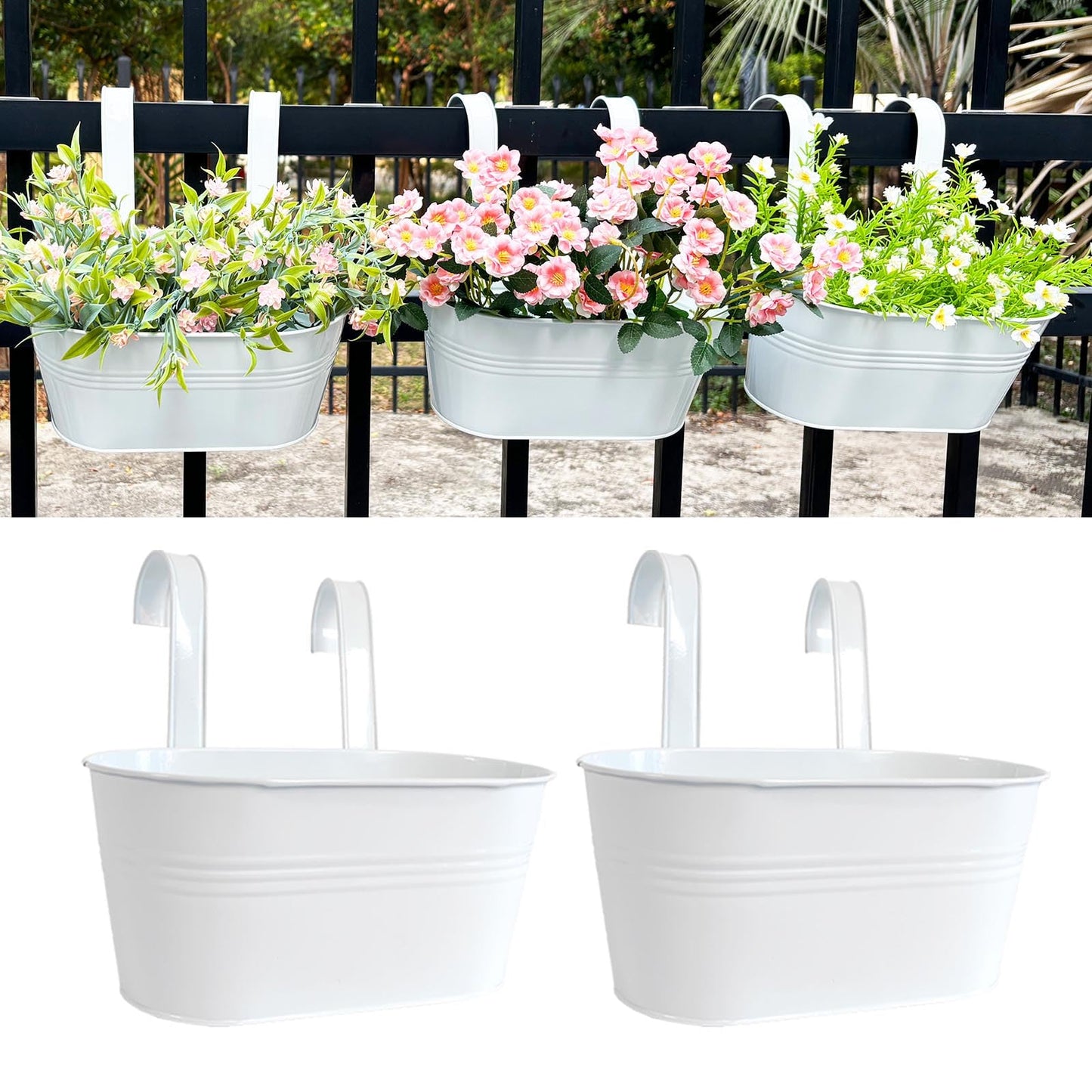 Joyfernal 12" Balcony Railing Planters, Outdoor Hanging Planter for Fence, Stylish Metal Porch Deck Flower Pot for Herbs & Succulents (White, Pack of 2)