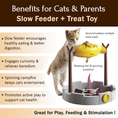 PetPals 11" High Cats Treat-Dispensing Slow Feeder,Pets Dry Food Dispenser,Cats Slow Feeding Snack Bowl, Grilled Fish Spinning Toy, Food Puzzle Cat Toy