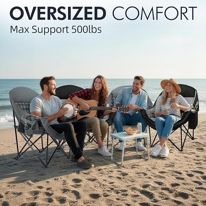 Oversized Camping Chair for Adults - Heavy Duty Outdoor Padded Large Lawn Camp Chair with Cup Holder Cooler Pockets for Sports Beach Fishing Garden Portable Supports 500lbs, Grey 2 Pack