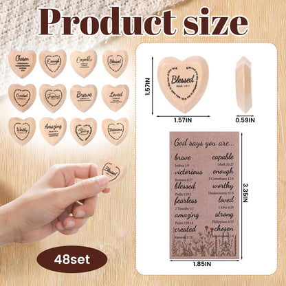 48 Set God Says You are Wood Heart Small Christian Gifts Bulk Religious Gifts Pocket Heart Token with Bible Verse Word Holy Week Affirmation Church Gift for Adults Sunday School Easter Supplies