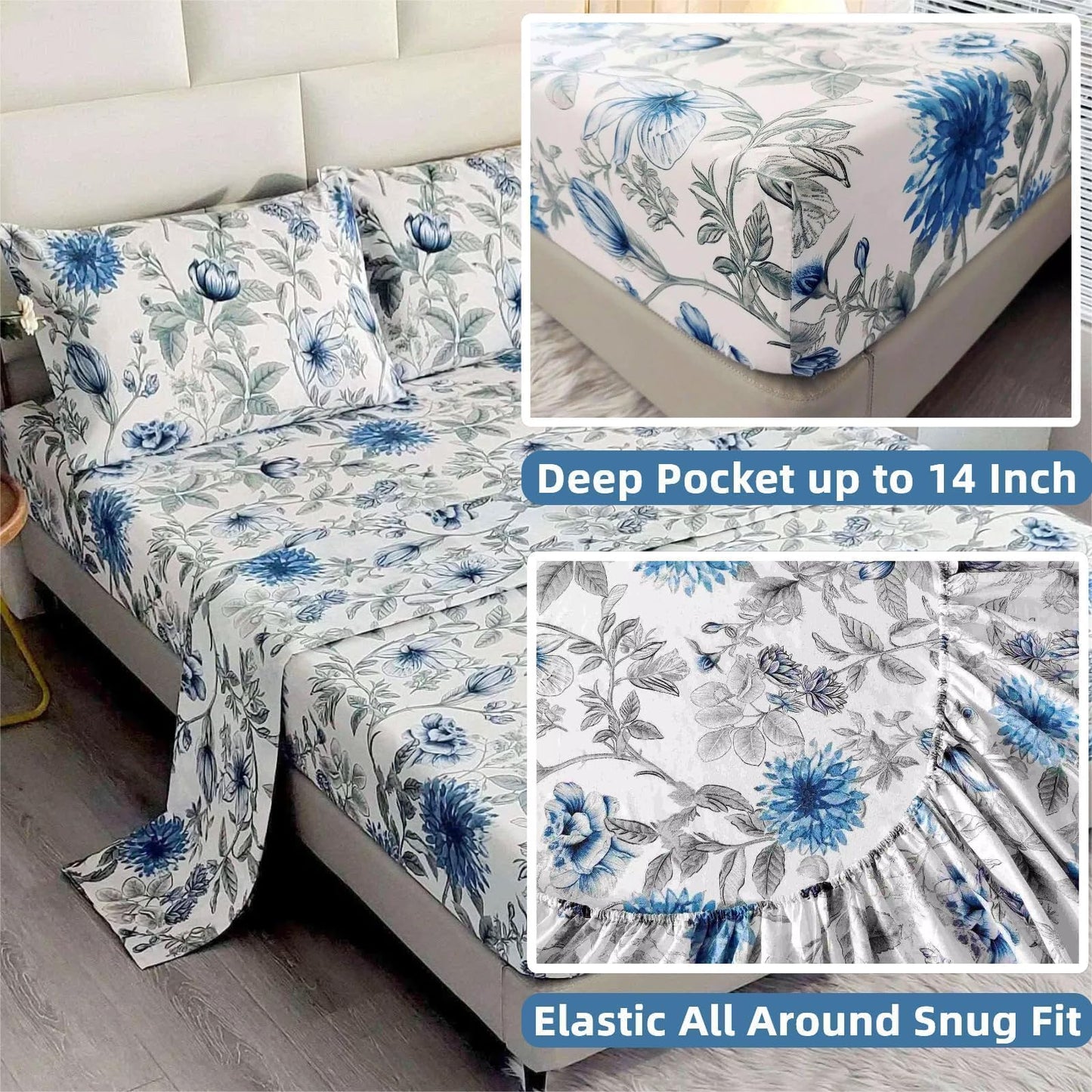 SDIII Blue Floral Twin Fitted Sheet with 2 Pillowcases, Deep Pocket Soft Microfiber Twin Bed Sheet Floral Blue All Season