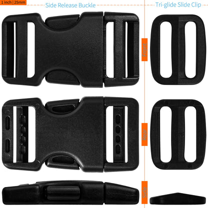 LASIGHT Buckles for 1 inch Wide Webbing Straps: Quick Side Release Buckle 10 set and Tri-Glide Slide 20 pcs Fit 1" Nylon Web Belt, Plastic Snap Fastener Clip Heavy Duty Replacement Dual Adjustable
