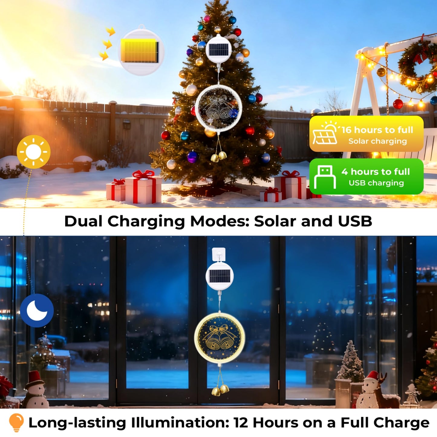 Nautairs Solar Hanging Lights - Outdoor Indoor Christmas Decorations for Window, Garden, Patio, Porch,Holiday Home Decor, (Jingle Bell)