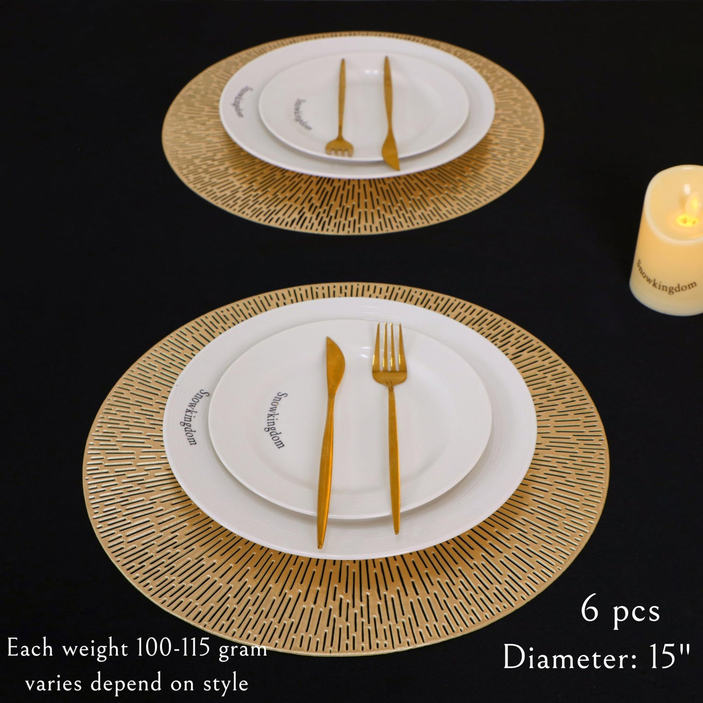 Snowkingdom Round Placemats Gold Metallic Set of 6 Vinyl Hollow Placemats 15'', Washable Easy Clean Wipeable Non-Slip Stain Heat Resistant Dinning Table Place Mats for Wedding Party Decoration by