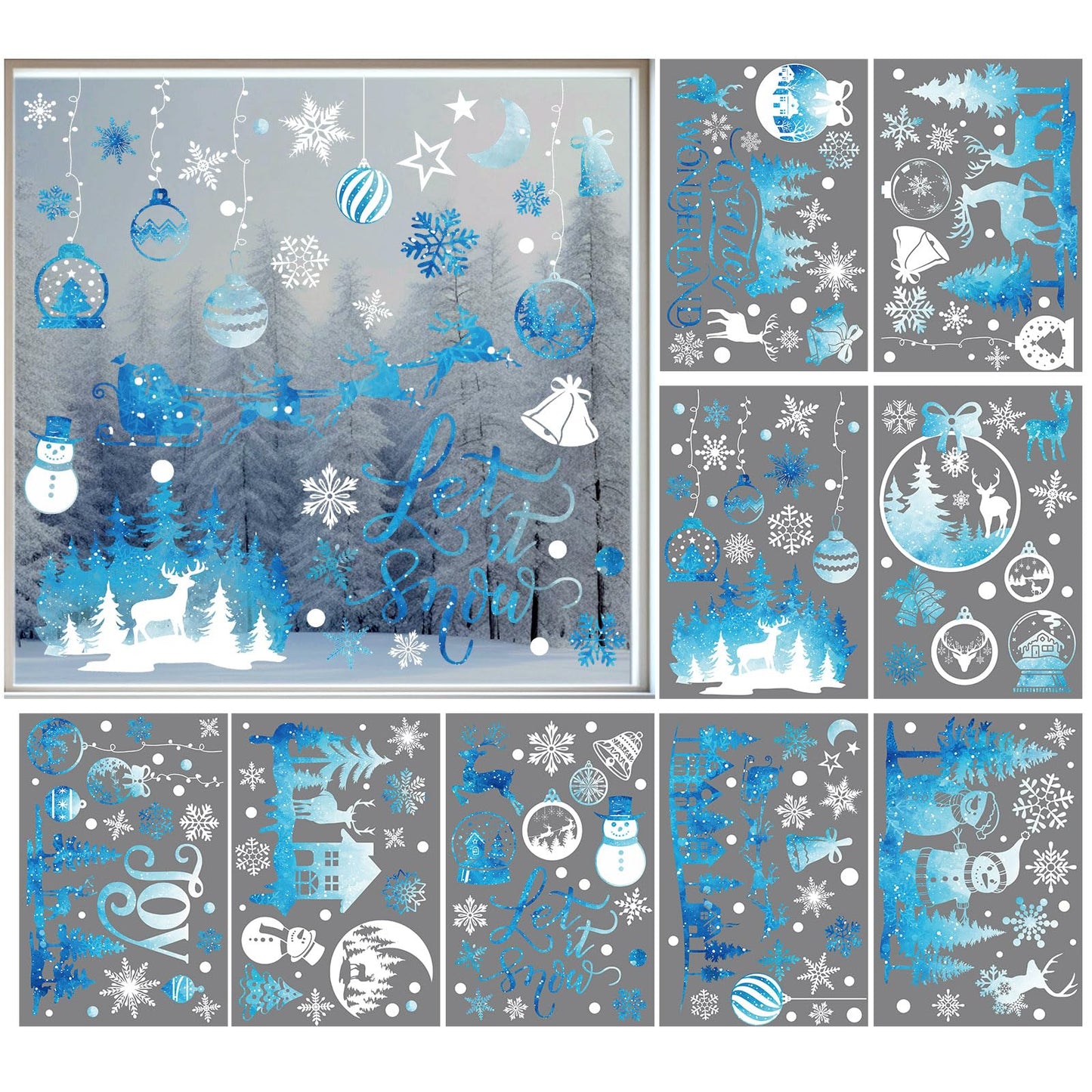 Cinrobiye 172Pcs Christmas Snowflake Window Clings Winter Wonderland Decal Stickers Let it Snow Reindeer Snowman Window Seasons Decals for Elk Snowball Holiday Home Kitchen Living Room,9 Sheets