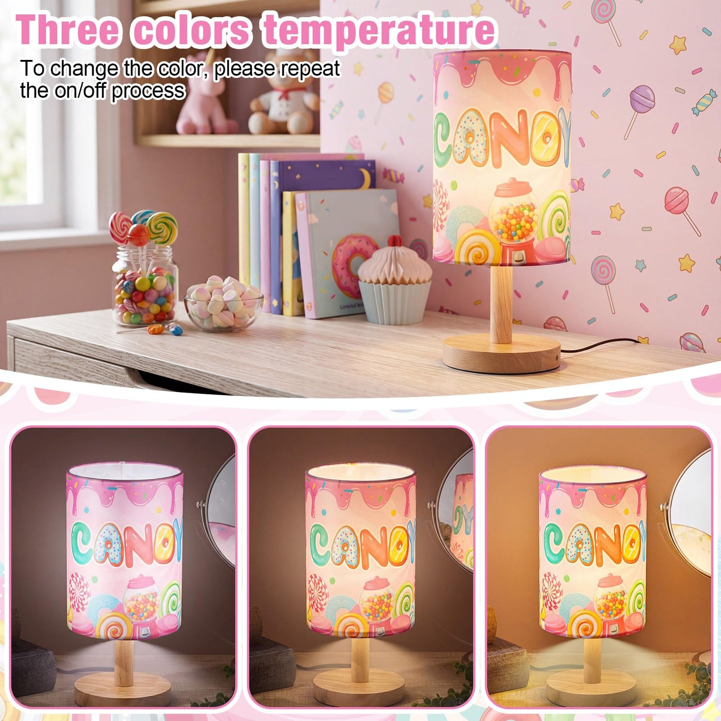 Tujoe Kids Table Lamp Candyland Theme Bedside Lamp with Fabric Shade, Cute Candy Lollipop Doughnut Nursery Night Light for Girls Boys Bedroom, Children's Reading Desk Lamps for Gift