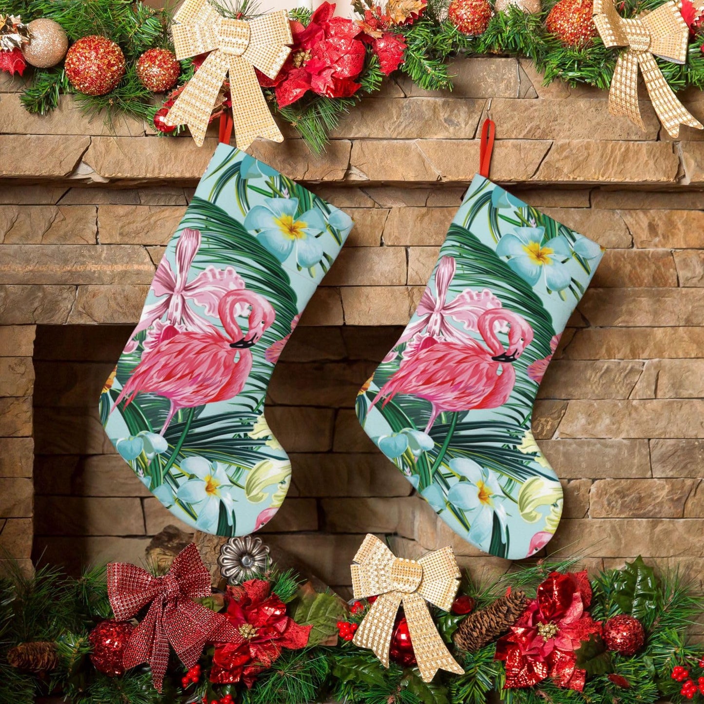 YETTA YANG Tropical Flamingo Flower Palm Tree Leaf Botanical 18 Inches Christmas Stocking Large Stocking Bags Hanging Socks for Christmas Decor Decorations