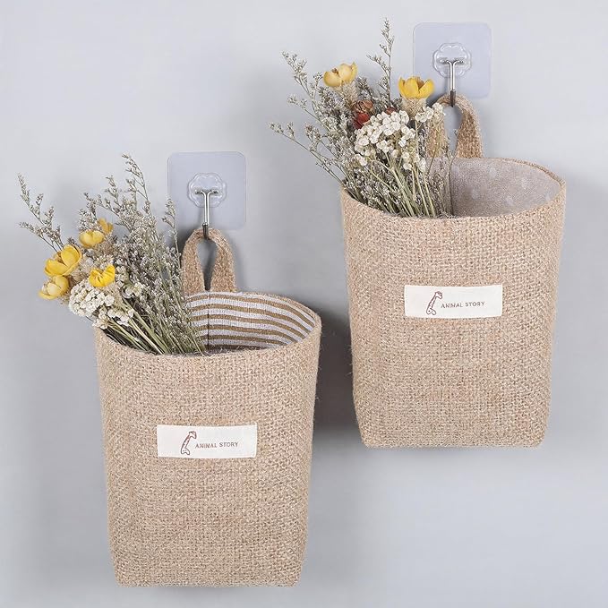 2 Pack Hanging Basket for Door, Small Jute Wall Storage, Hanging Storage Bags