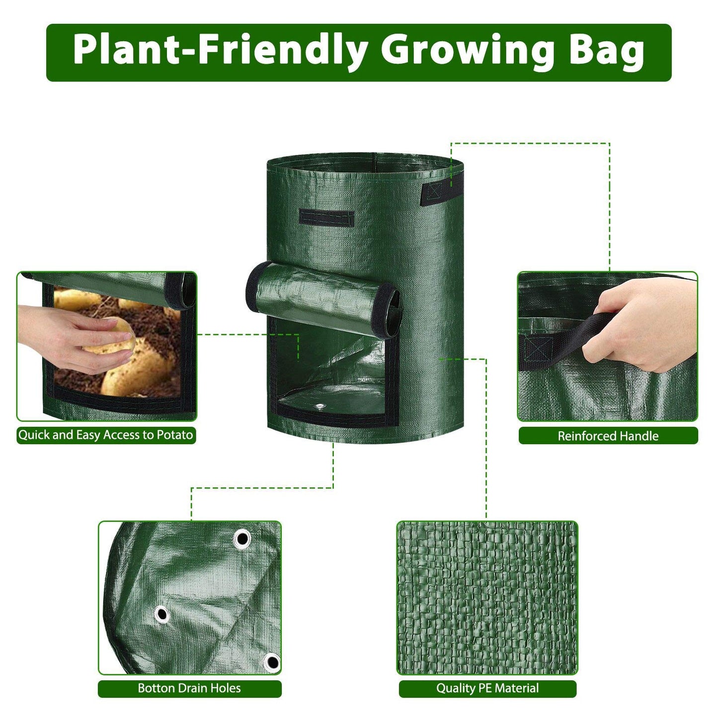 JJGoo 2 Pack 10 Gallon Garden Potato Grow Bags with Flap and Handles Aeration Fabric Planter Pots, Heavy Duty Potato Planters Garden Planting Bags for Onion, Fruits, Tomato, Carrot (Green)