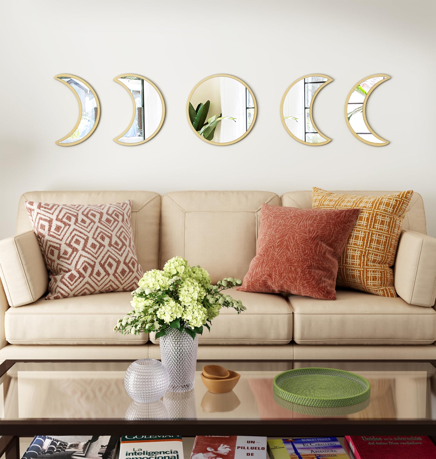 HMANGE 10.4" Raw Acrylic Moon Phase Wall Mirror Set - 5-Piece Boho Celestial Decor for Living Room Bedroom Entryway, Easy Stick-On Installation, Shatterproof Safety Design