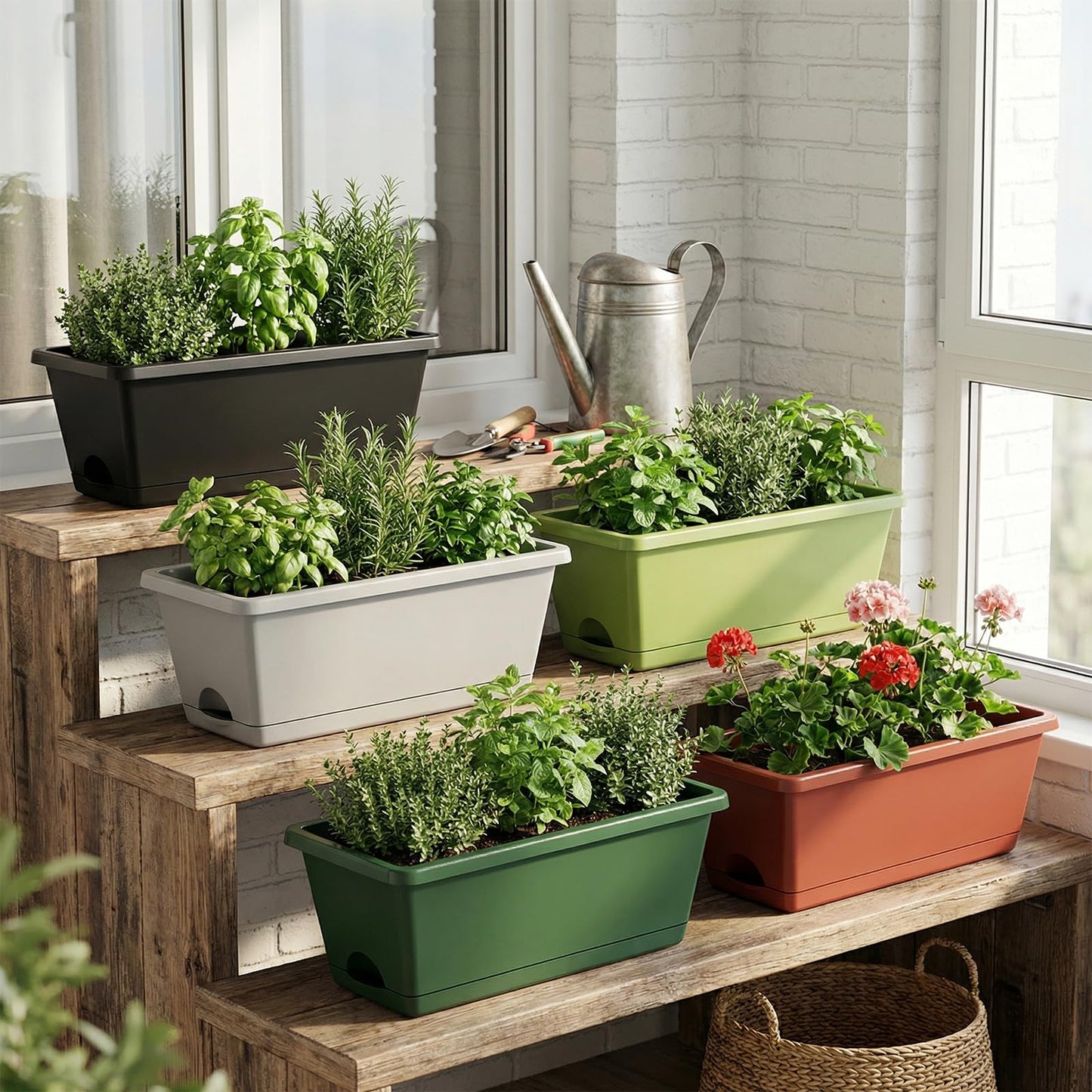 7 Pack Outdoor Planters, Plastic Rectangular Flower Pots with Saucers and Gardening Tools, 17 Inches for Indoor/Outdoor Plants, Herbs, Vegetables, Includes Trowel, Waterproof Mat & Gloves(Offwhite)