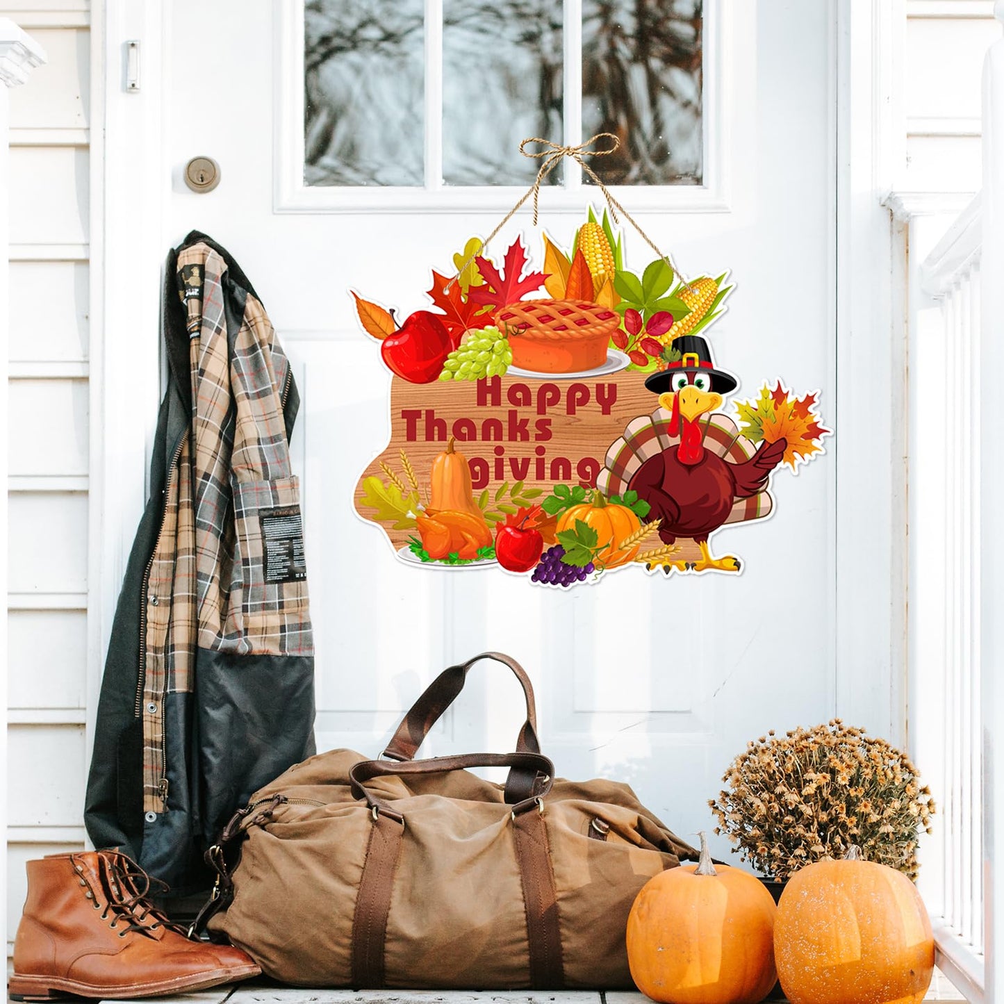 Fall Thanksgiving Home Front Door Hanger Decor - 3pcs Autumn Pumpkin Turkey Leaves Orange Paper Signs Banners, Baby Shower Birthday Wall Hanging Indoor Decorations Lasting Surprise