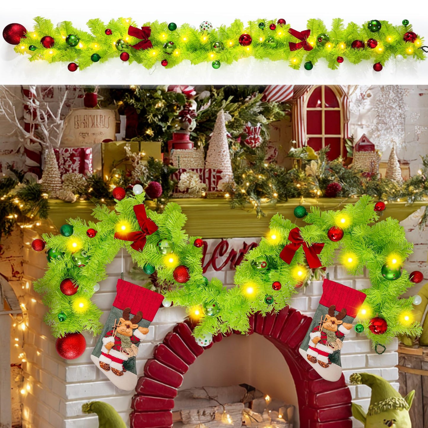 Jutom 6 Feet Christmas Green Garland with Red Green Balls Xmas Tree Winding Garland Artificial Furry Stripe Accessory for Front Door Fireplace Table Centerpiece Outdoor Decor