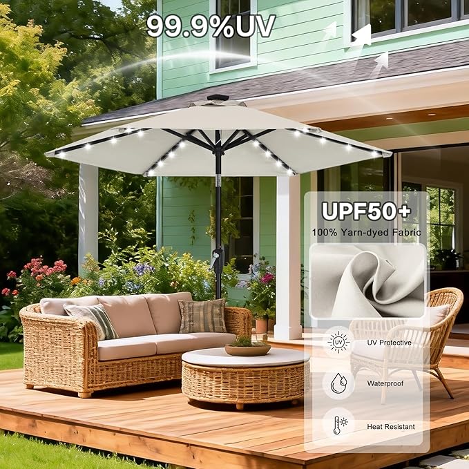 ABCCANOPY Durable Solar Led Patio Umbrellas with 32LED Lights 7.5FT (Light Beige)