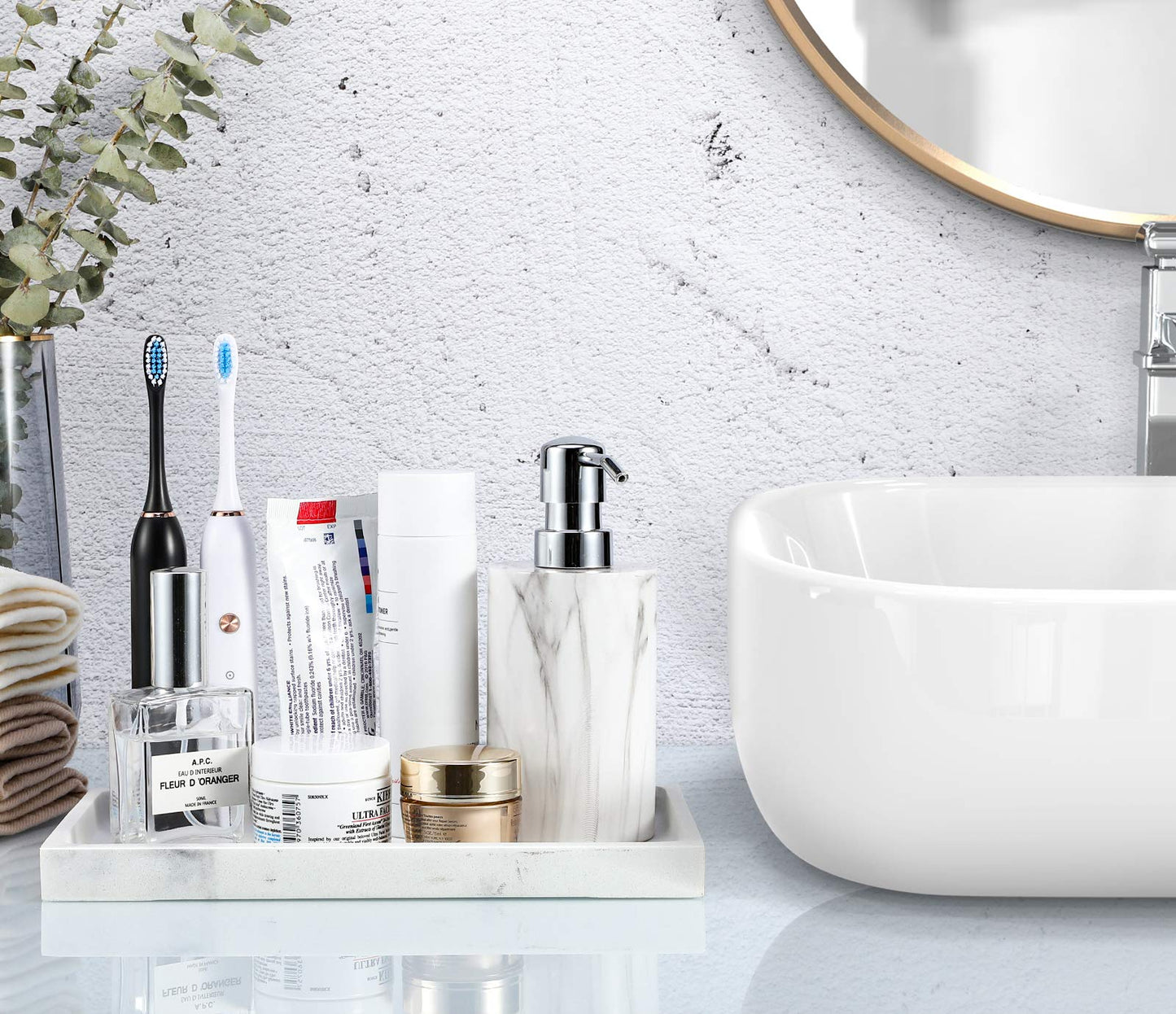 Luxspire Bathroom Vanity Tray, Resin Dresser Jewelry Ring Dish Tank Storage Kitchen Sink Countertop Organizer Plate Holder for Perfume Candles Soap Towel Plant Bathroom Accessories, M, Gravel White
