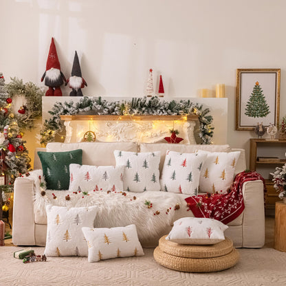 AQOTHES Christmas Tree Green Red Throw Pillow Covers 18x18, Soft Faux Fur Embroidered Throw Pillows for Couch Sofa Cushion Covers Holiday Home Decor