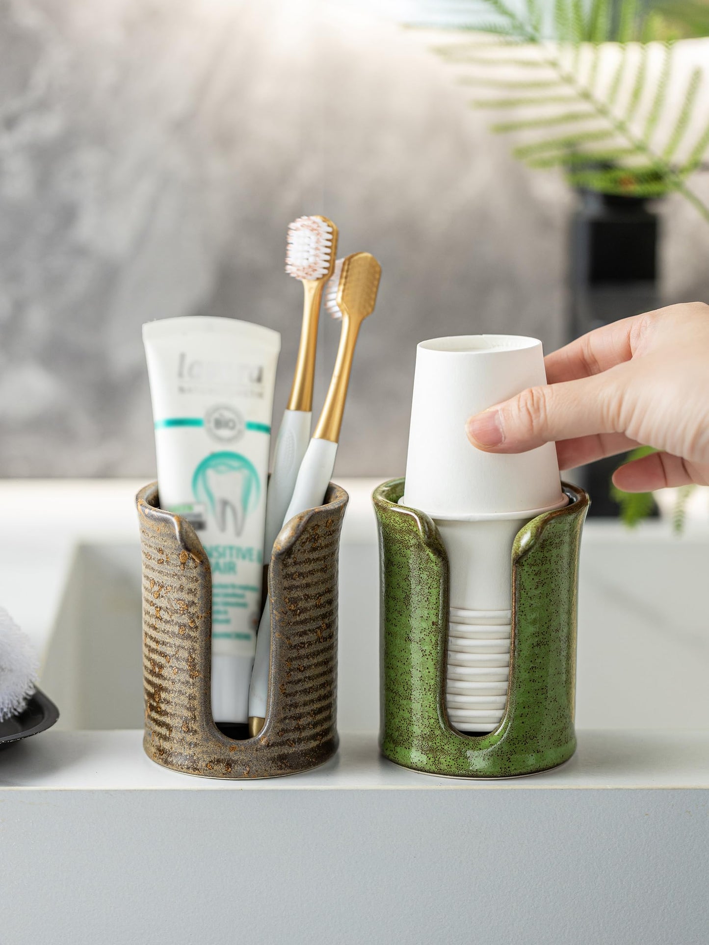 YHOJOY Ceramic Bathroom Cup Dispenser, 3 Oz Mouthwash Cup Dispenser Bathroom Cup Holder for Dixie Cups Rising Cups, Small Disposable Paper Cup Holders, Brown