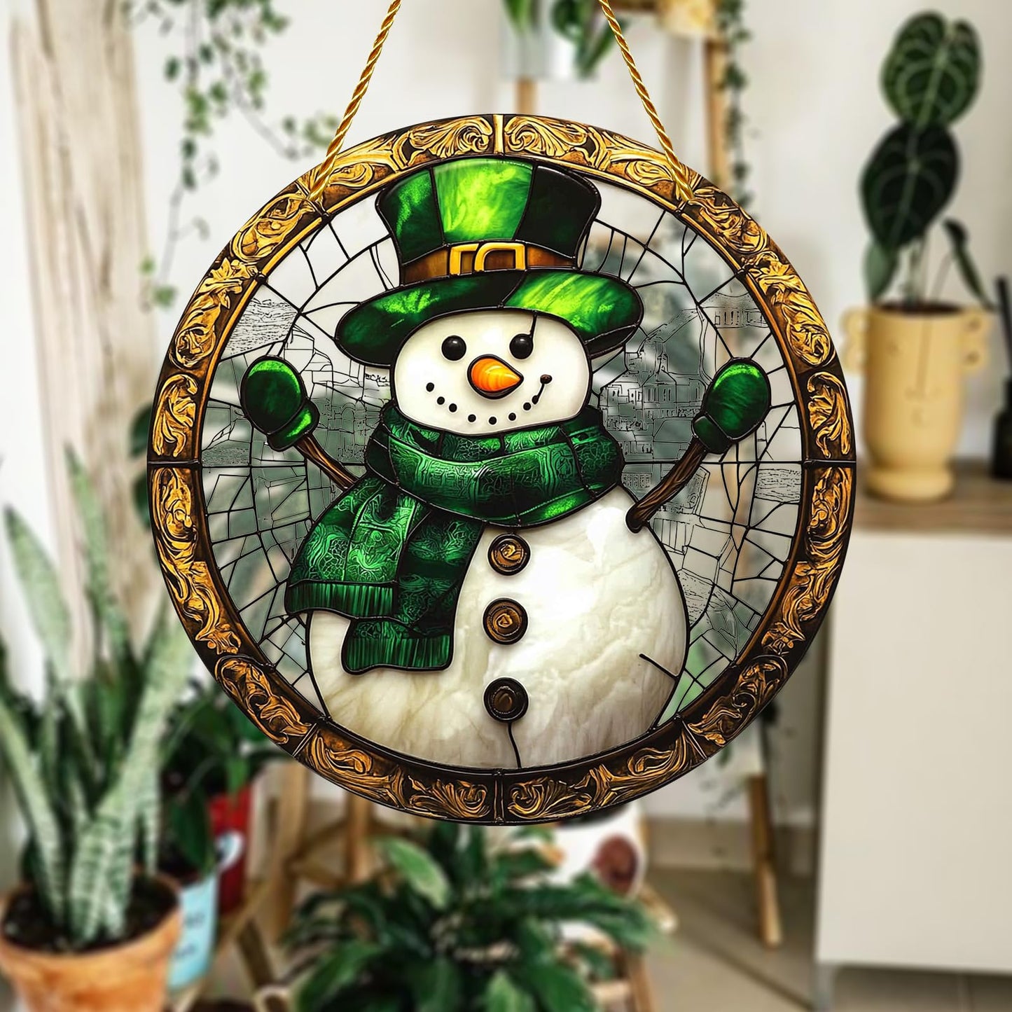 8x8 inch Charming Christmas Snowman Acrylic Stained Glass Window Hanging Sun Catcher Decor Stained Panel Hangings Wall Art Decor, for Friends and Family (Snowman)