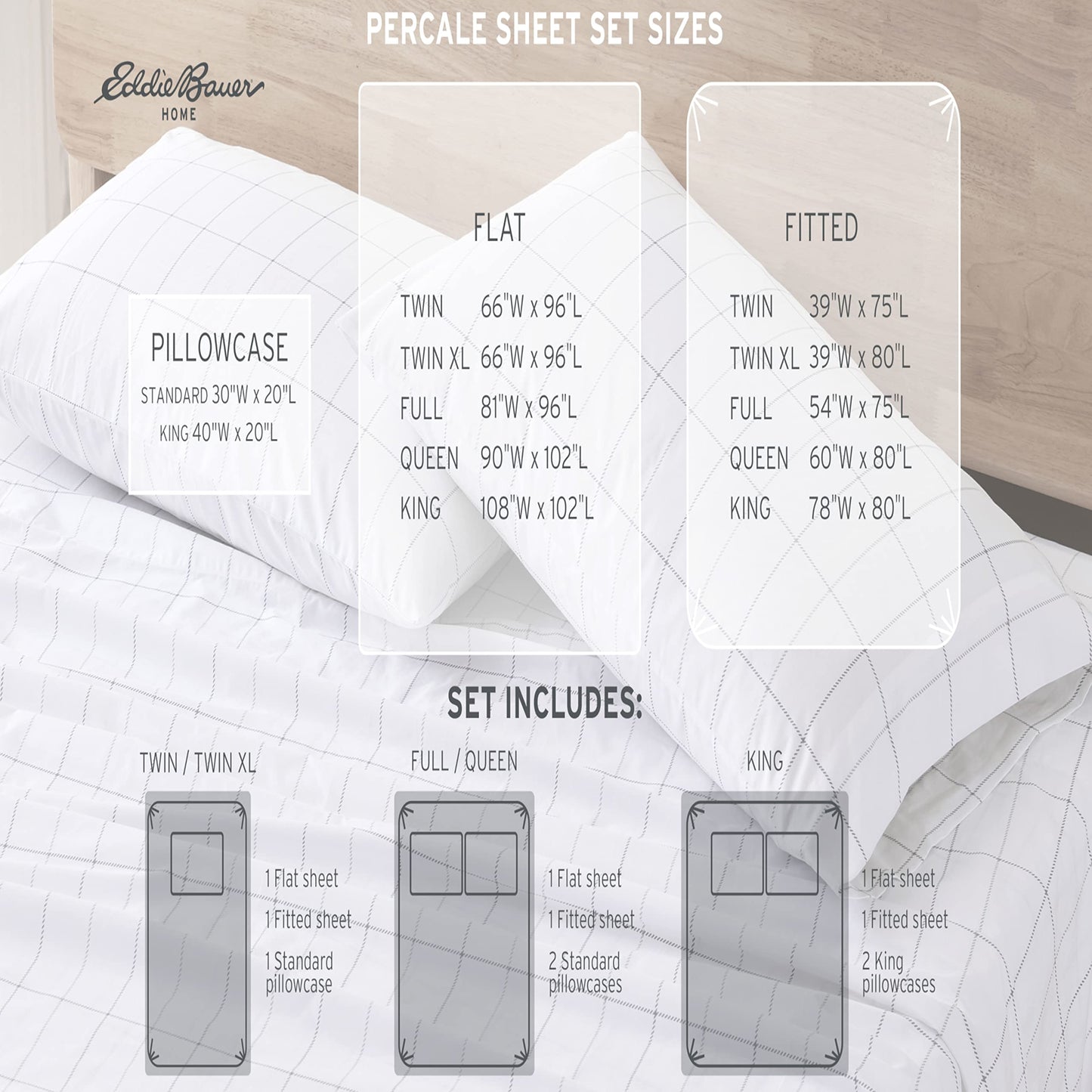 Eddie Bauer - Twin Sheet Set with Fitted Sheet & Pillowcase, 100% Cotton Percale Bedding, Crisp & Cool, Deep Pocket, Dorm Room Essentials, Eddies Oar White