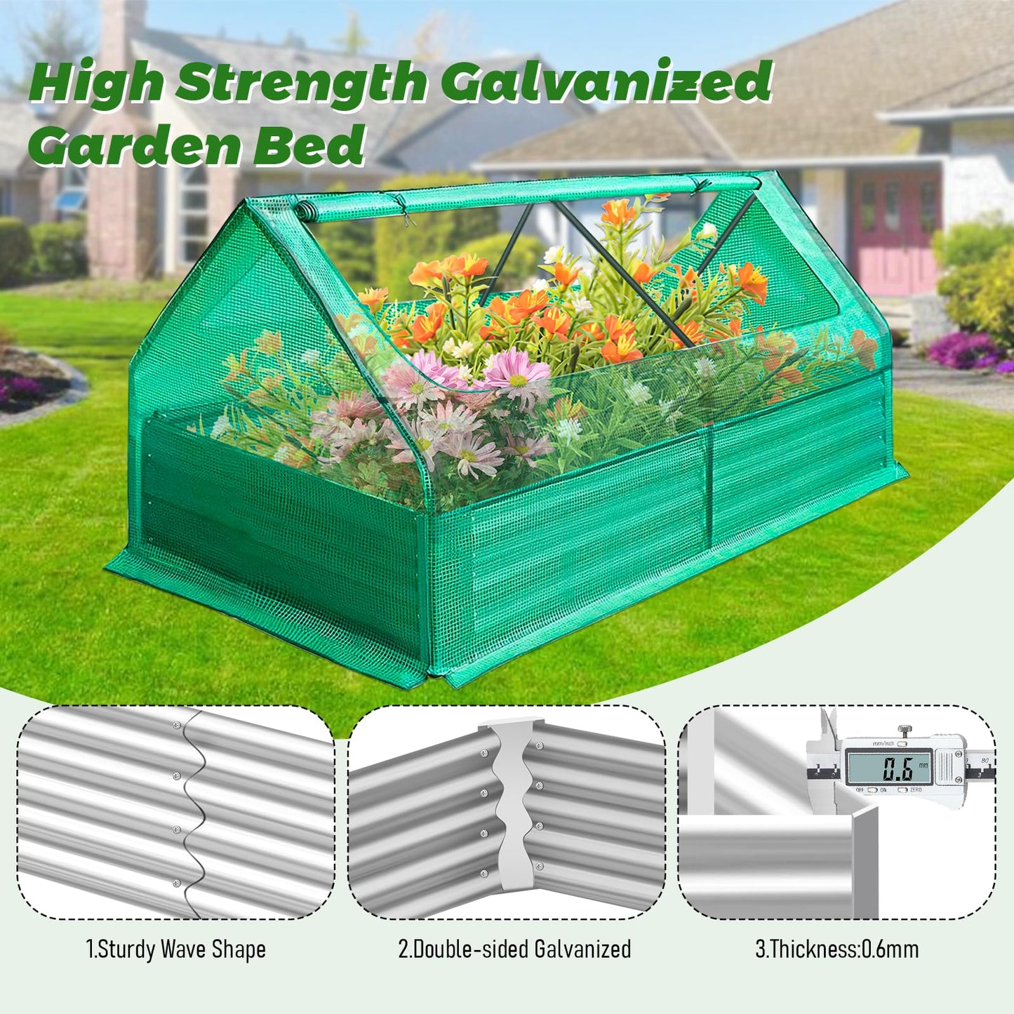 6 x 3 x 3 ft Galvanized Steel Raised Garden Bed, 2 Large Zipper Mesh Screen Windows Mini Greenhouse Outdoor, Bottomless Garden Bed with Greenhouse, Beds for Gardening, Flowers, Herbs, Vegetables