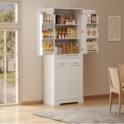 Gizoon 71" Tall Kitchen Pantry Cabinet with Doors and Adjustable Shelves, Pantry Storage Cabinet with Drawer Freestanding Organizer for Small Kitchen Bathroom Laundry Room, Painted White
