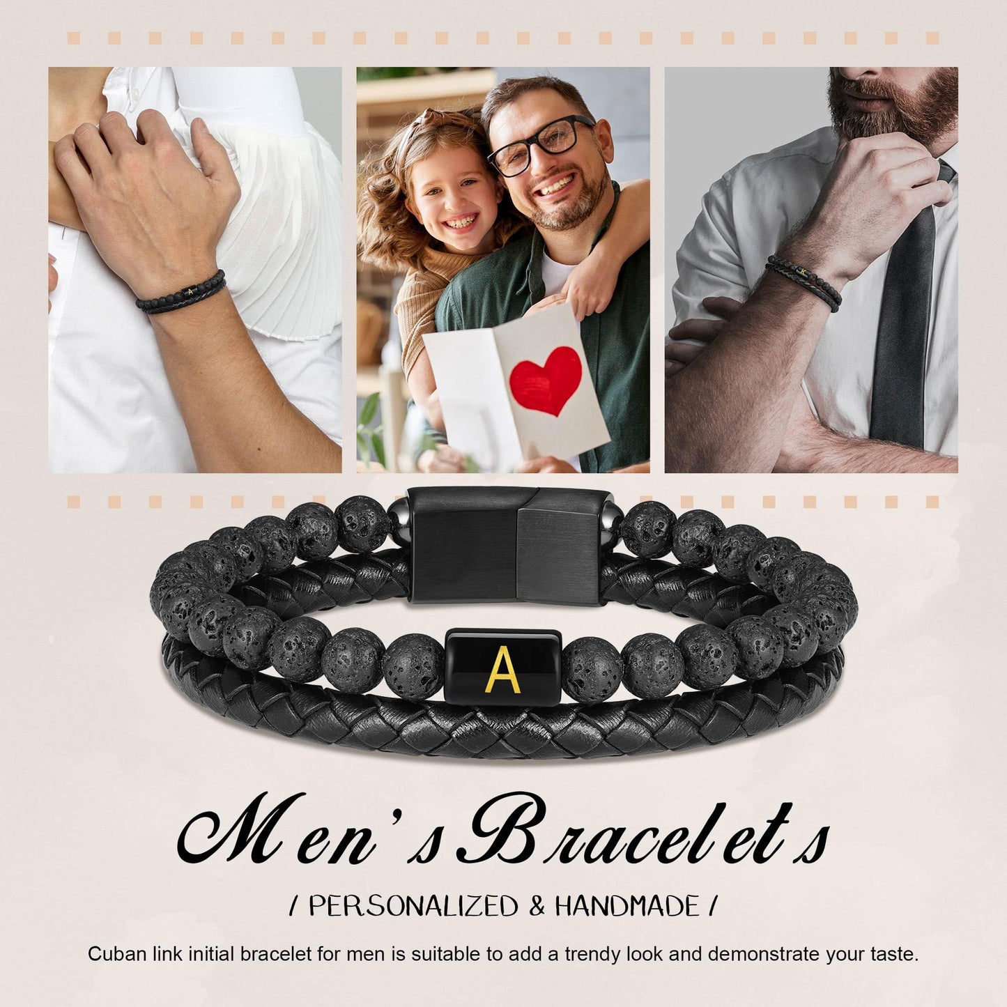 Bracelets for Men - Men Gifts Lava Rock Bead Magnetic Clasp Black Mens Leather Bracelet with Initial Black Mens Leather Bracelets Initial I Bracelet for Men's Jewelry Men's Gifts for Dad Husband Him