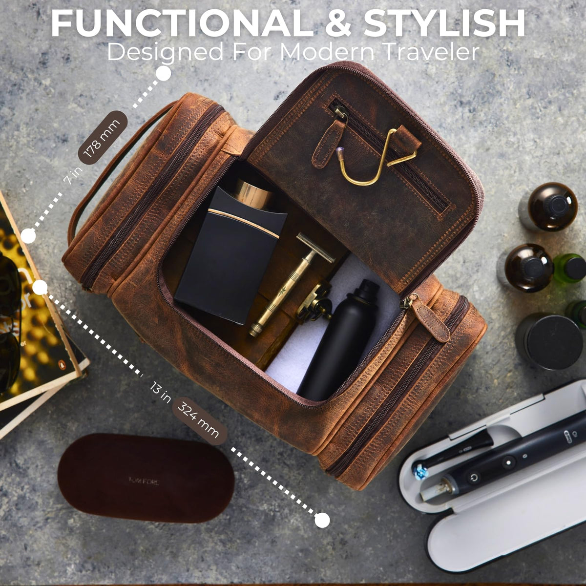 NomadCraftsCo. Extra Large Leather Toiletry Bag for Men - Premium Leather Men's Toiletry Bag for Travel, Dopp Kit, Pouch, Large Travel Organizer