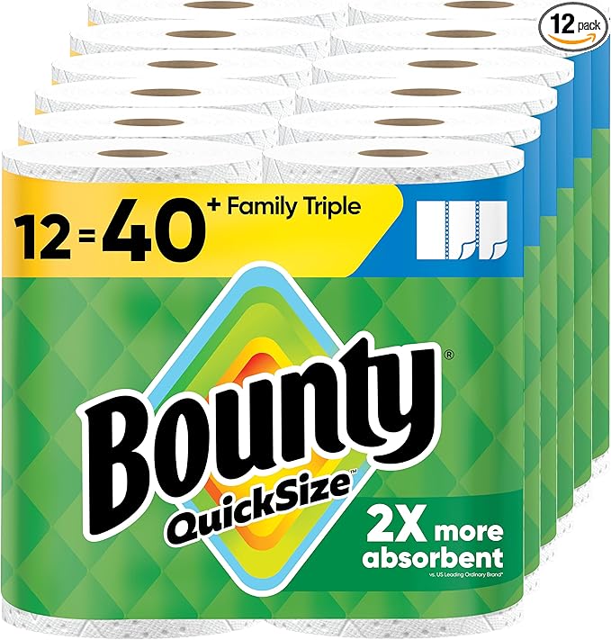 Bounty Quick-Size Paper Towels, 12 Family Triple = 40 Regular Rolls