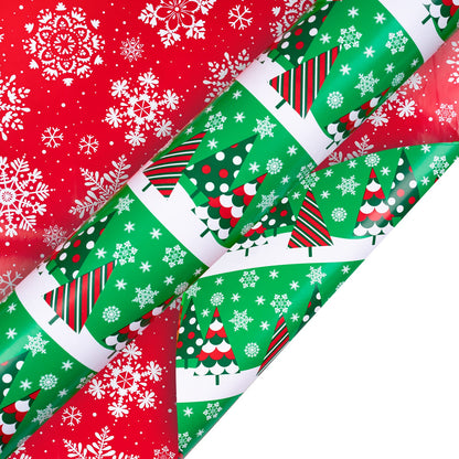 LeZakaa Christmas Wrapping Paper Jumbo Roll, Christmas Tree, Snowflakes in Red Retro Reversible Design for Festive Holiday, Family Gathering, 24 inches x 100 Feet