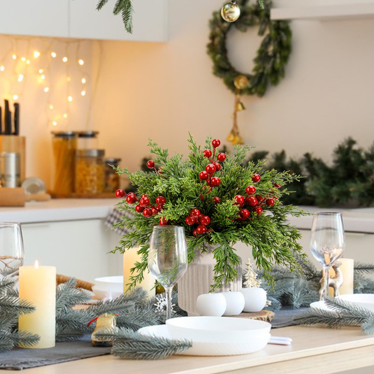 Watayo 60 Pcs Christmas Artificial Pine Branches with Red Berry Stems, 10.5" Faux Evergreen Norfolk Pine Cypress Leaves Stems, Fake Foliage Pine Needles Picks for DIY Craft Garland Home Decor