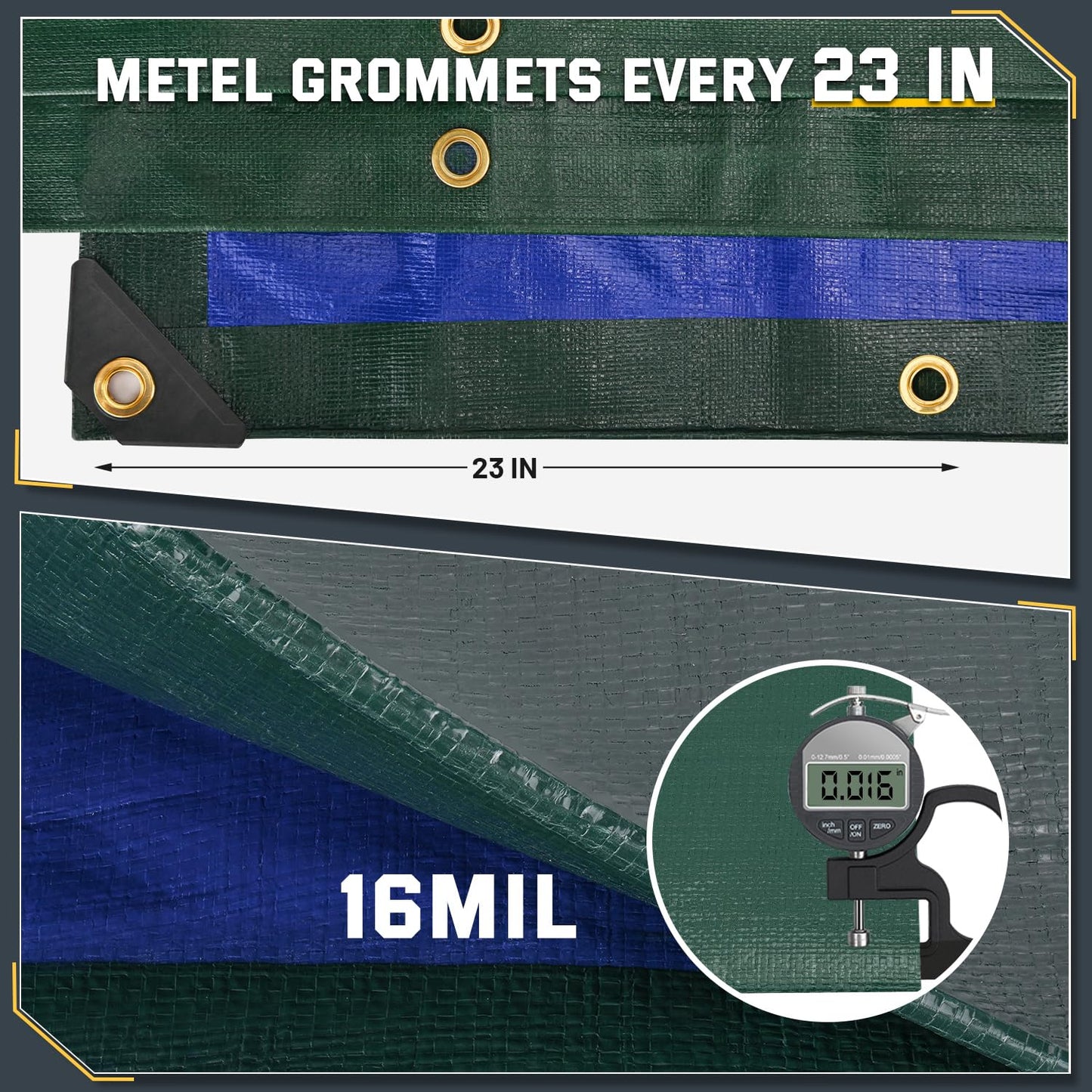 Kesfitt 16 Mil Heavy Duty Waterproof Tarp with Metal Grommets, Dark Green & Blue Reversible Poly Tarp, 20x30 ft, for Outdoor Protection, Yard, Garden, Farm, Camping & Equipment Coverage