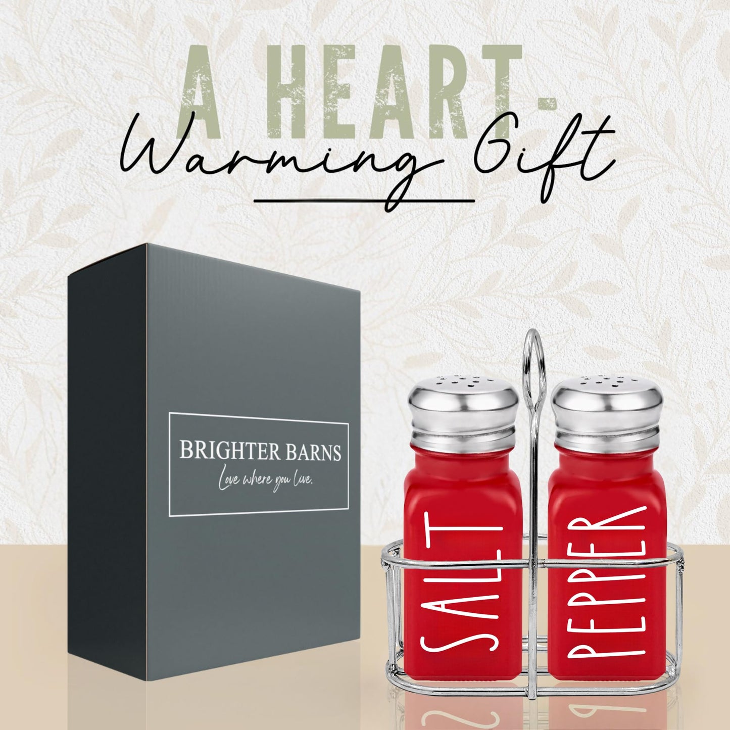 Red Salt and Pepper Shakers Set with Holder by Brighter Barns - Dining Table Decor, Modern Farmhouse Kitchen Decor - Christmas Salt and Pepper Shakers with Caddy for Restaurant, RV, Airbnb, Gift (Red)