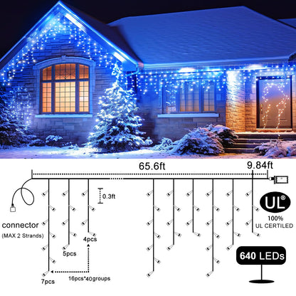 Icicle Christmas Lights Outdoor, 66ft 640 LED Blue and White Christmas Lights 8 Modes with 120 Drops, Waterproof Icicle Light Plug in for Indoor Outside Party Holiday Xmas Halloween Decorations