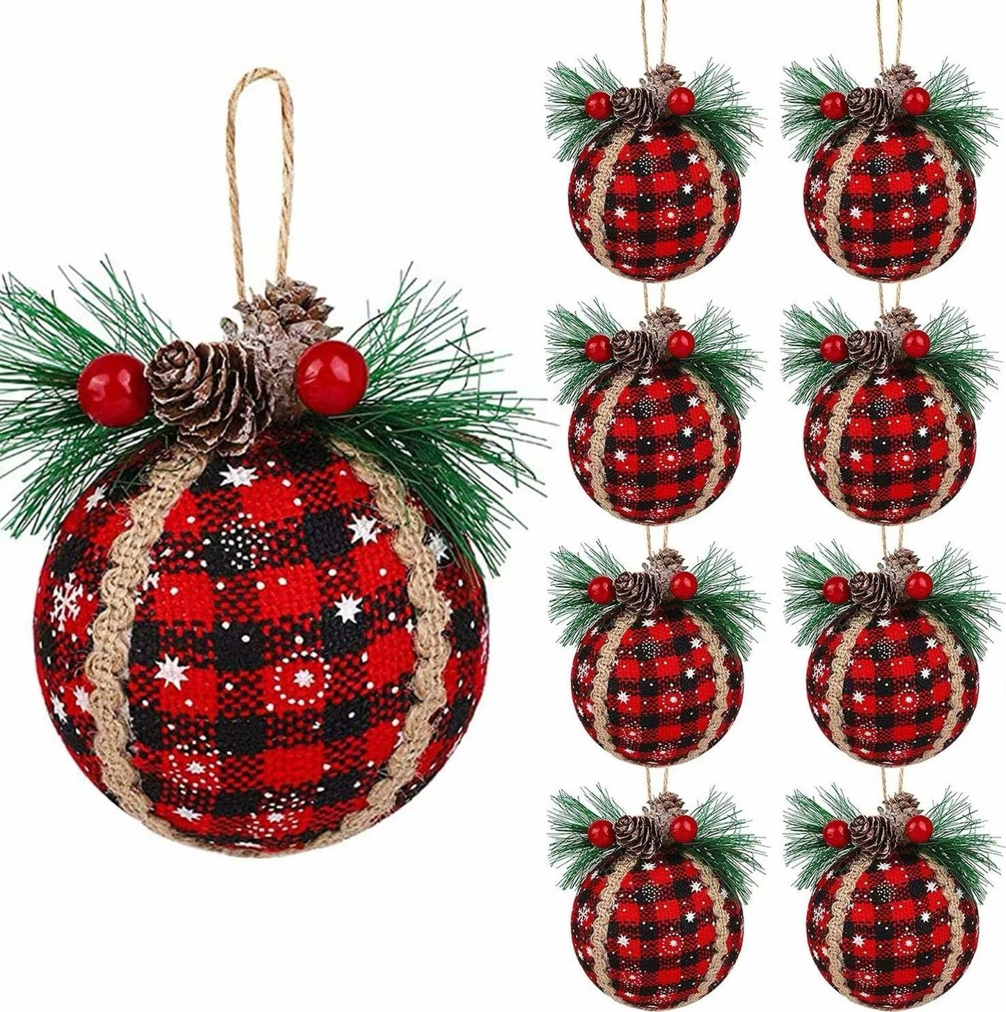 Iceyyyy 9PCS Christmas Plaid Ball Ornaments - 2 Inch Black & Red Buffalo Plaid Fabric Ball Ornaments with Pine Cones and Greenery, Plaid Christmas Tree Hanging Balls Ornament Festive Decoration