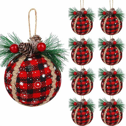 Iceyyyy 9PCS Christmas Plaid Ball Ornaments - 2 Inch Black & Red Buffalo Plaid Fabric Ball Ornaments with Pine Cones and Greenery, Plaid Christmas Tree Hanging Balls Ornament Festive Decoration