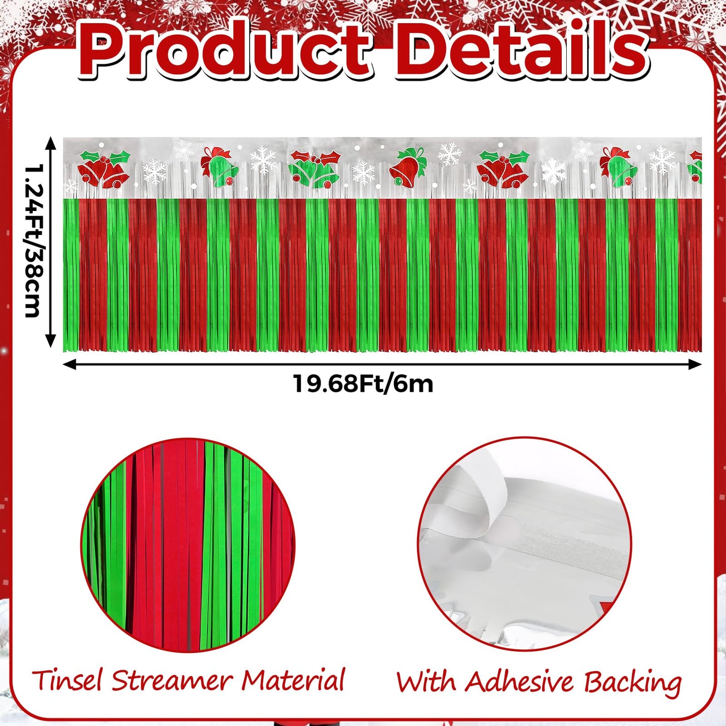 4 PACK Christmas Party Decorations, 79 Feet Foil Fringe Garland Red Sliver and Green Jingling Bell Metallic Tinsel Streamers Banner Wall Hanging Fringe Backdrop Banner for Party Holiday