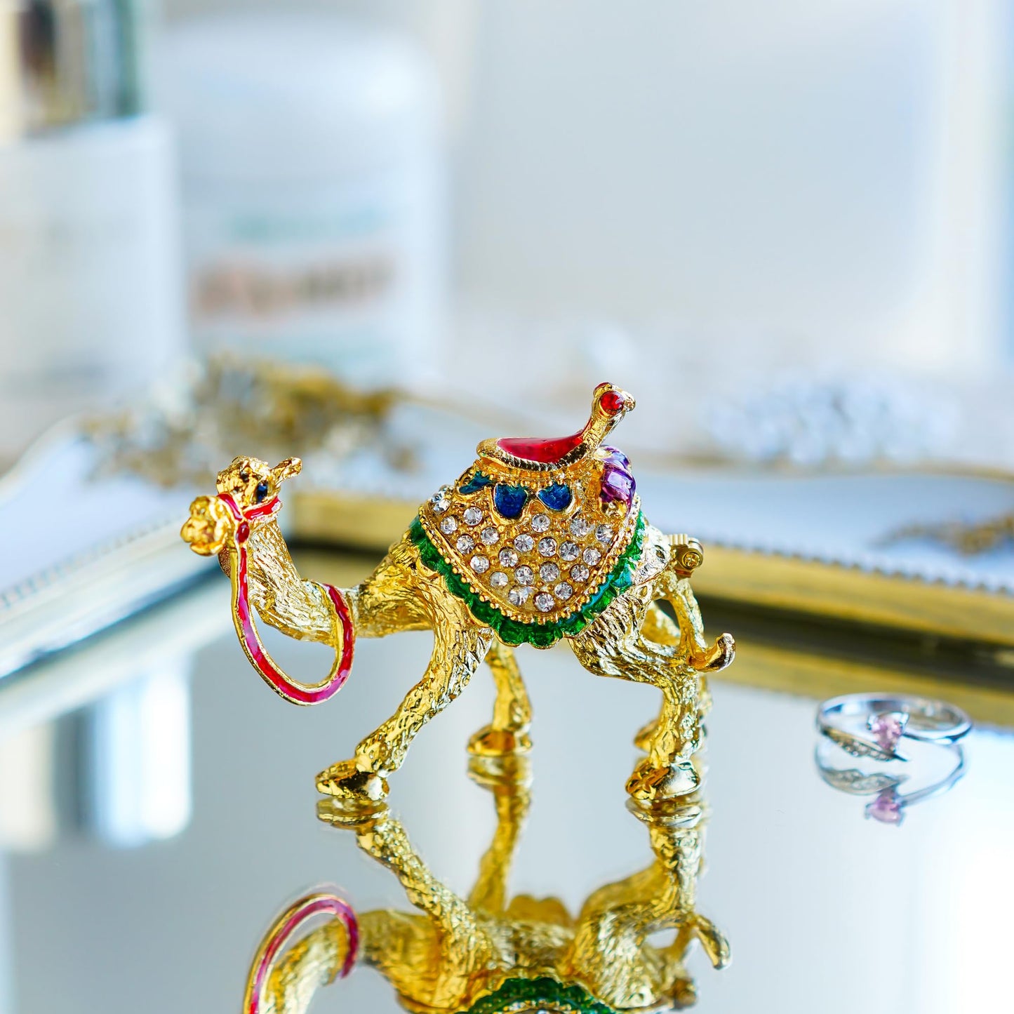 YU FENG 2.4" Golden Crystal Camel Figurines Decor Ornament,Golden Enamel Camel Statues Animal Trinket Jewelry Box Hinged Christmas Gift