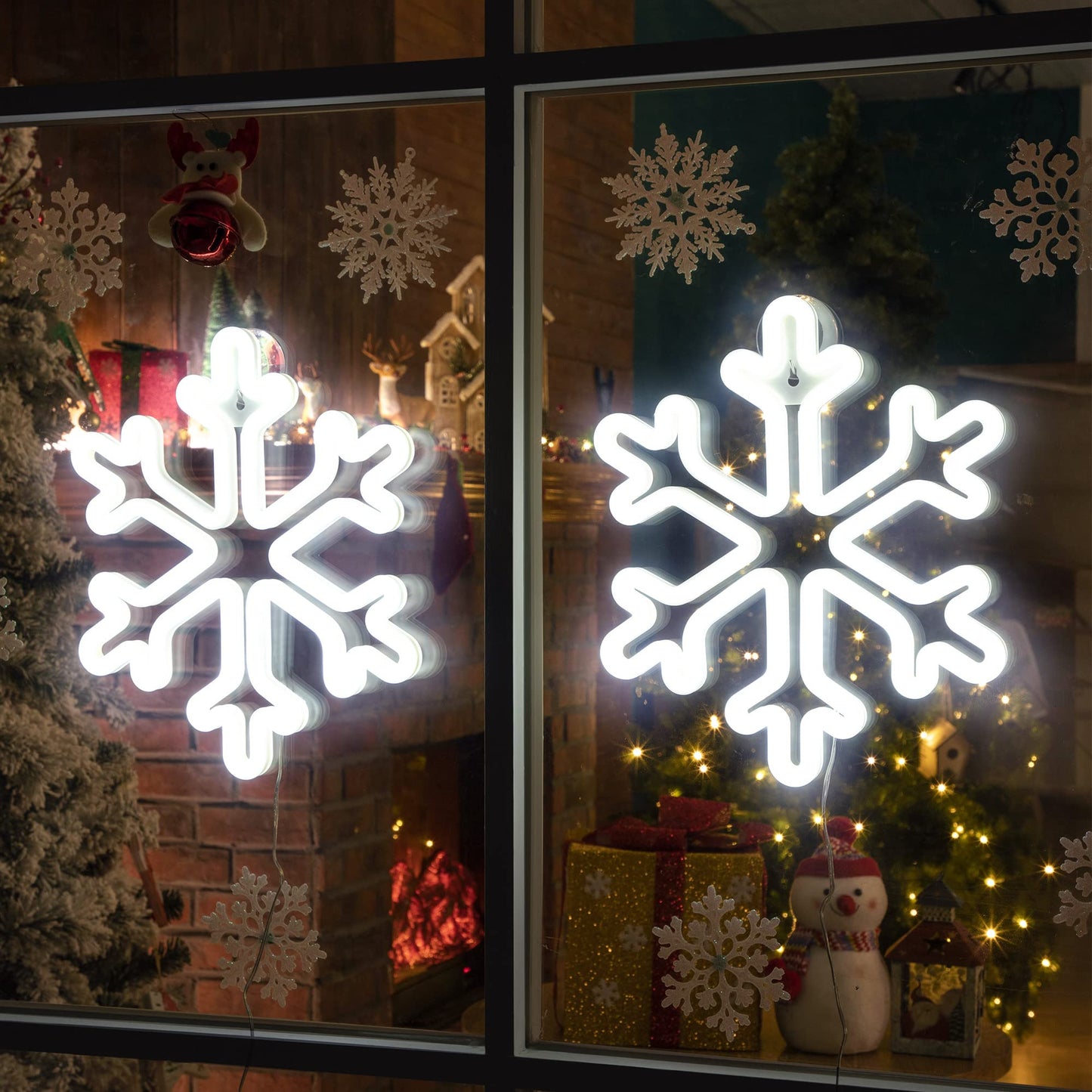 Enhon Christmas Neon Snowflake Light, 12 Inch Giant Snowflake Lights, Battery and USB Powered Christmas Curtain Neon Sign with Timer for Xmas Party Decoration(Cool White,2 Pack)