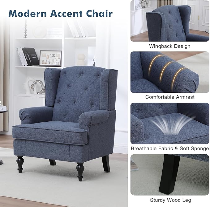 Accent Chair Set of 2, Mid Century Modern Fabric Wingback Chair, Upholstered