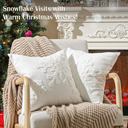 Lewondr Christmas Throw Pillow Cover, 2 Pack Snowflake Embroidery Decorative Throw Pillow Case Linen Sofa Cushion Cover for Party Thanksgiving Day Xmas Decor 18"x18"(45x45cm) - White