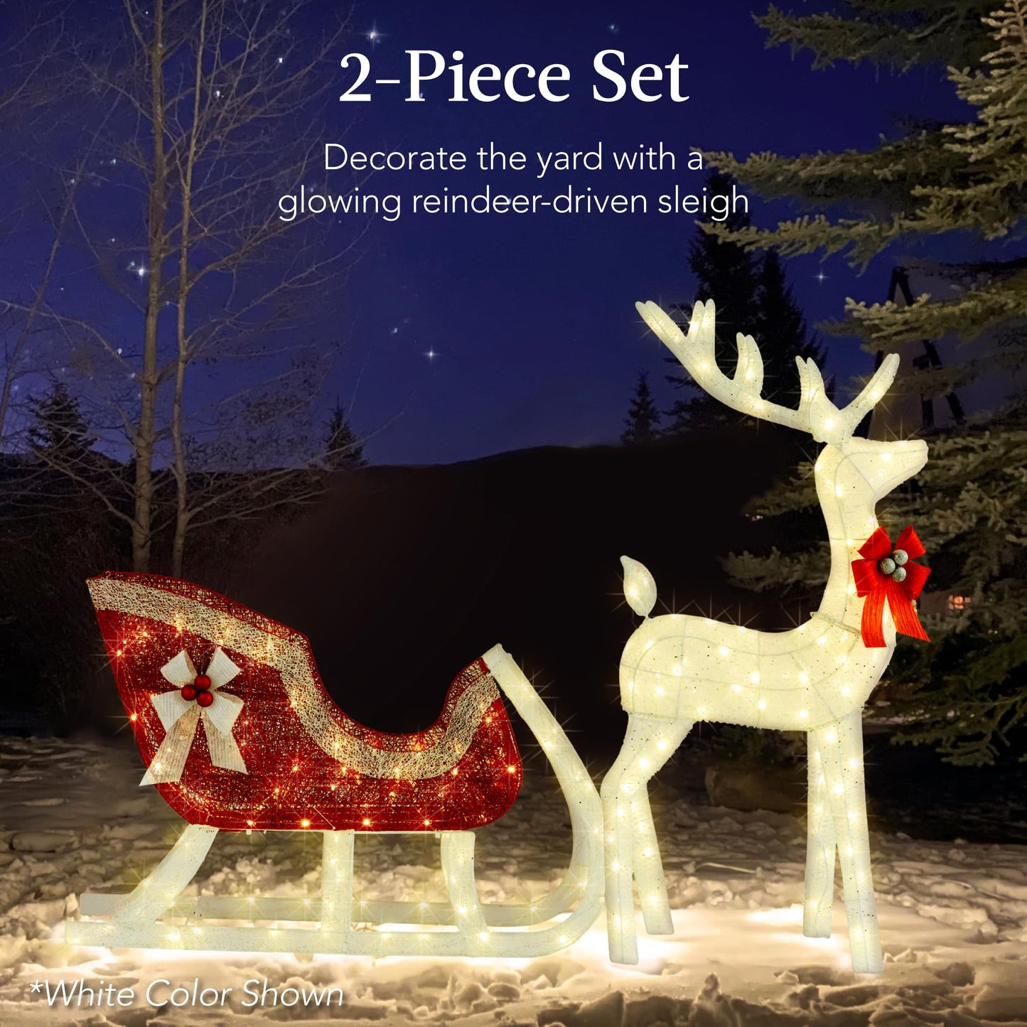 Best Choice Products Lighted Christmas 4ft Reindeer & Sleigh Holiday Outdoor Yard Decoration Set w/ 205 LED Lights, Stakes, Zip Ties - Rattan