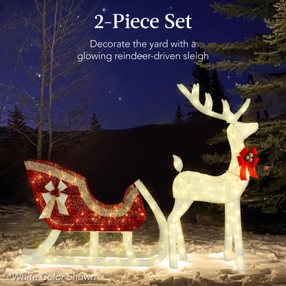 Best Choice Products Lighted Christmas 4ft Reindeer & Sleigh Holiday Outdoor Yard Decoration Set w/ 205 LED Lights, Stakes, Zip Ties - Rattan