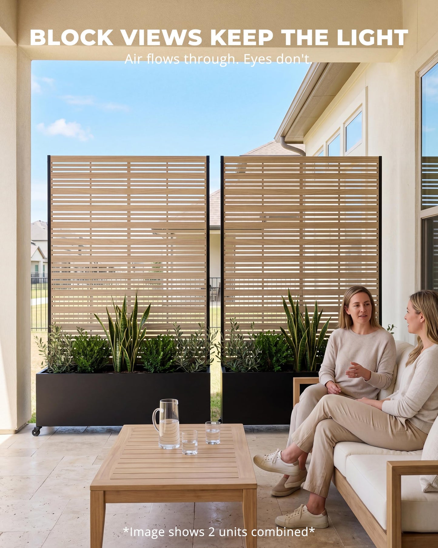TinFrey 73" Metal Planter Box with Trellis on Wheels - Mobile Outdoor Planter with Drainage Holes & Louvered Privacy Screen, Rust-Proof Wood Grain for Patio, Balcony, Backyard, Poolside