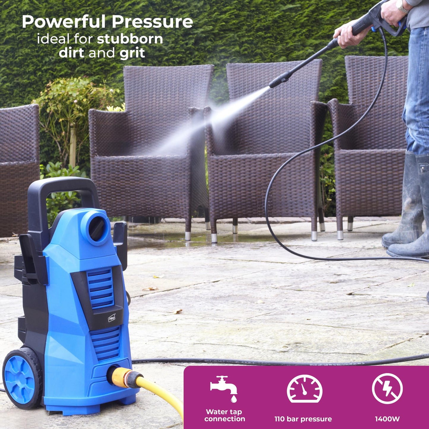 Neo® Electric High Pressure Washer 110 Bar High Power Jet Water Patio Car Cleaner with Foam Tank and Brush Included