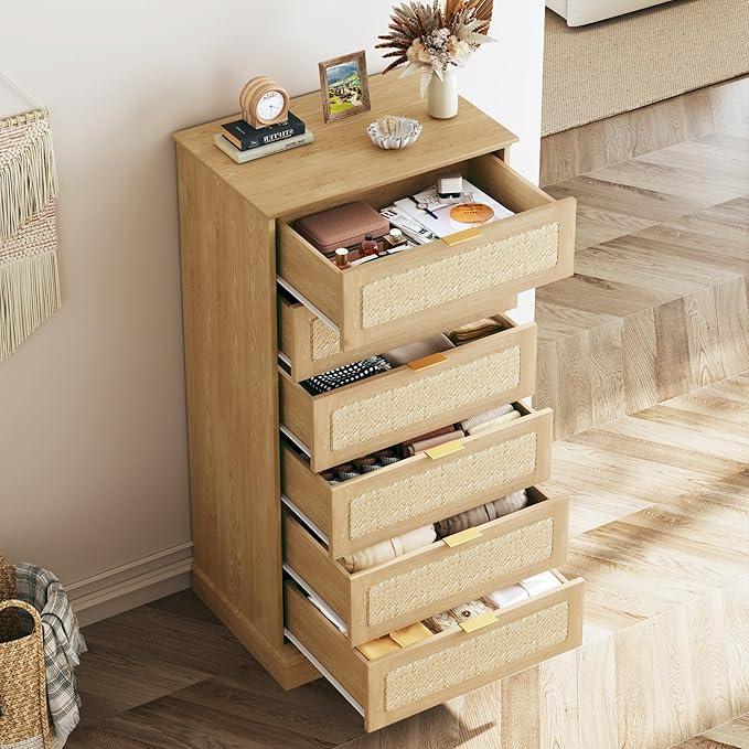 HUAHUU 6 Drawer Dresser for Bedroom, 50 Inch Tall Dressers & Rattan Chest of