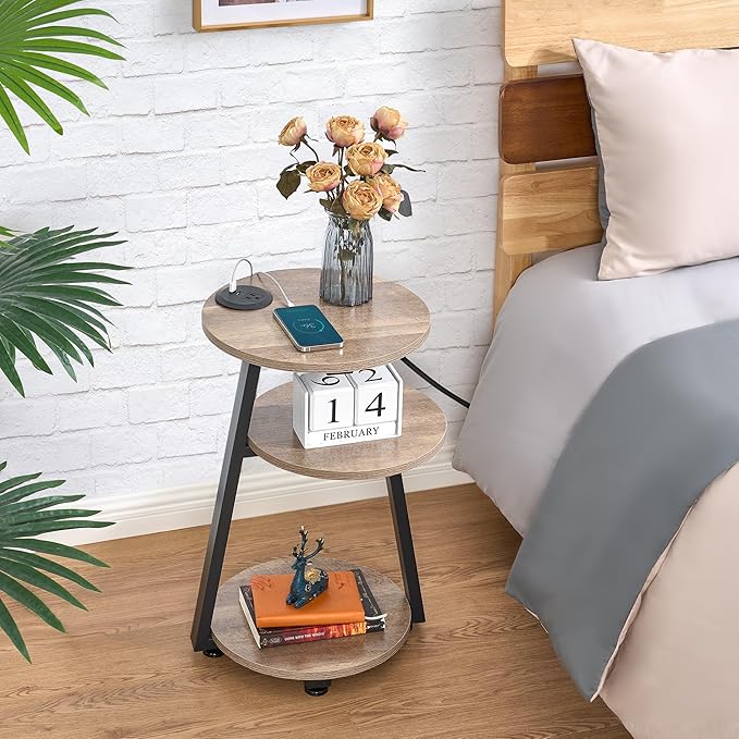 BEWISHOME Round End Table with Charging Station, Side Accent Table with 3-Tier